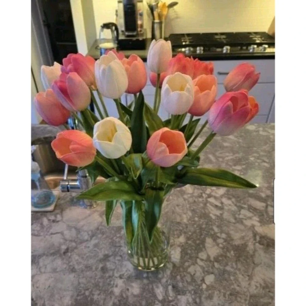 TULIPS FAKE ARTIFICIAL FLOWER FLORAL ARRANGEMENT SILK FLOWERS CERAMIC VASE NEW